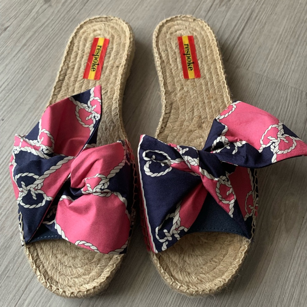 Stylish Pink and Navy Espadrille Slides using Gucci Scarf Silk material.